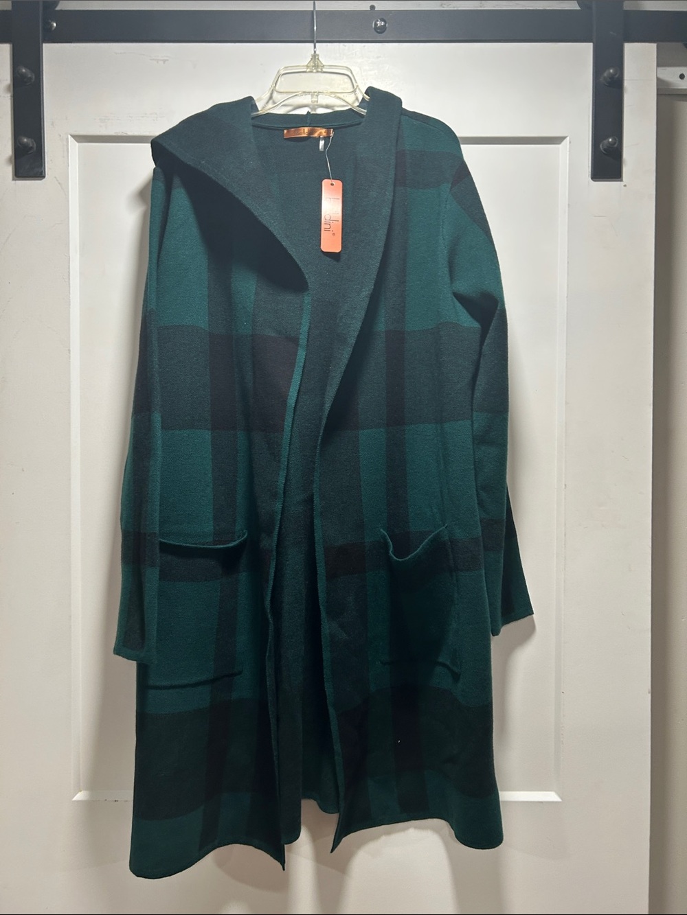 Belldini Hooded Plaid Cardigan in Teal and Black